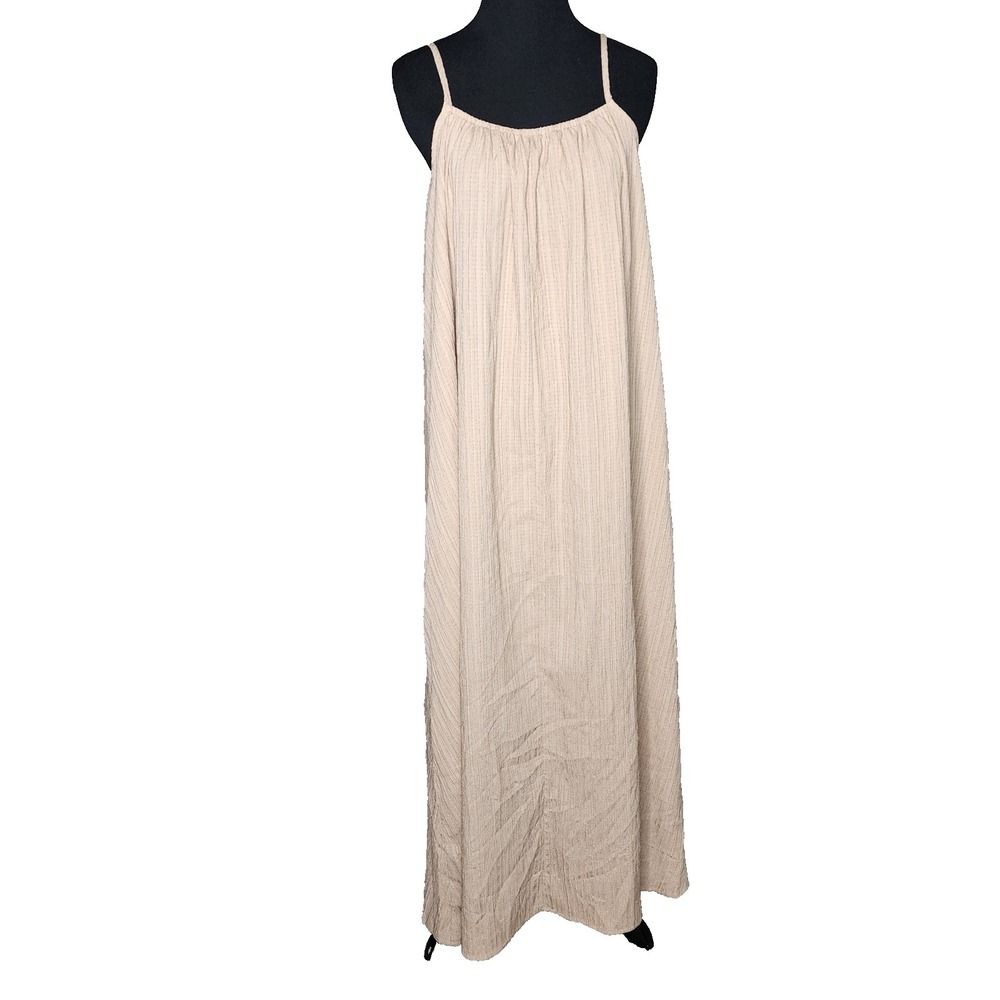 Women's A-line Summer Boho Beach Vacation Travel Textured Cream Maxi Dress SizeL